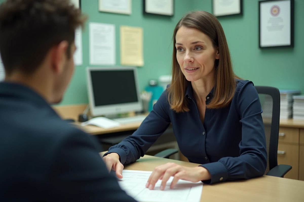 Conseillère administrative accompagnant un étudiant dans la validation de son inscription aux examens via Cyclades