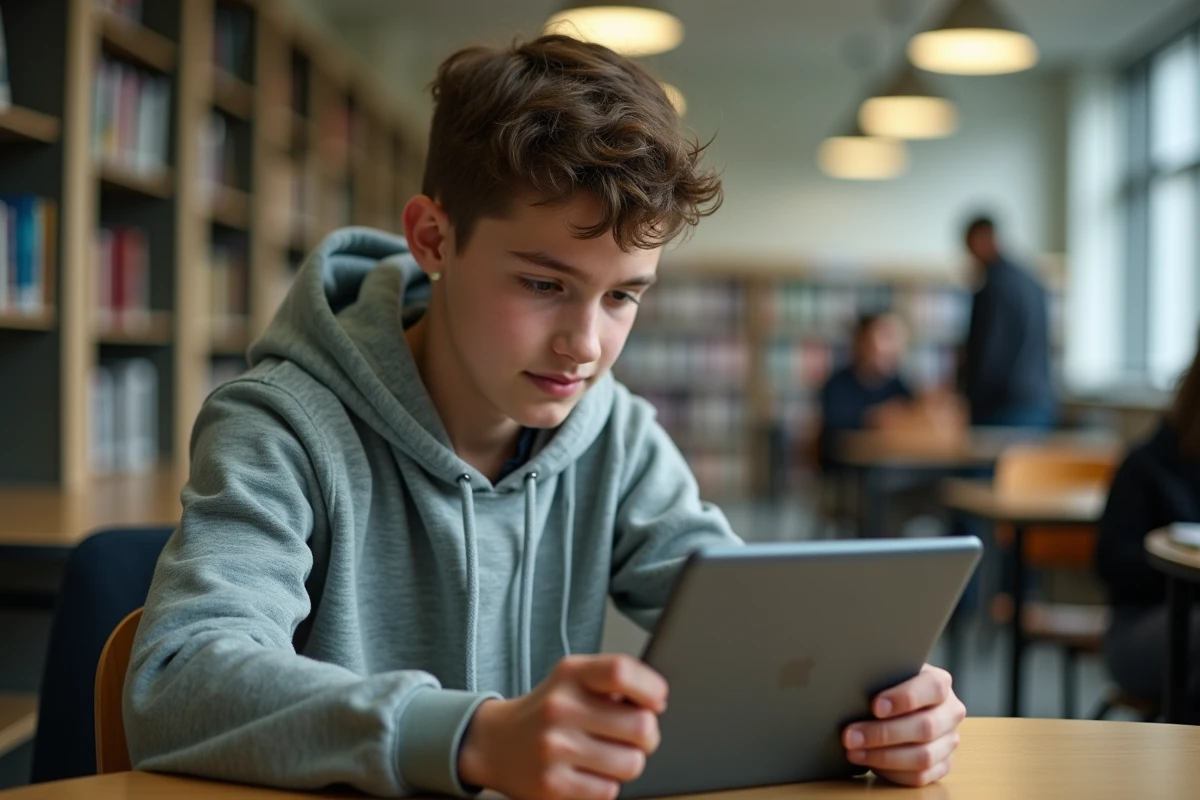 Adolescent explorant les fonctionnalités avancées de l'ENT HEF sur une tablette dans une bibliothèque scolaire
