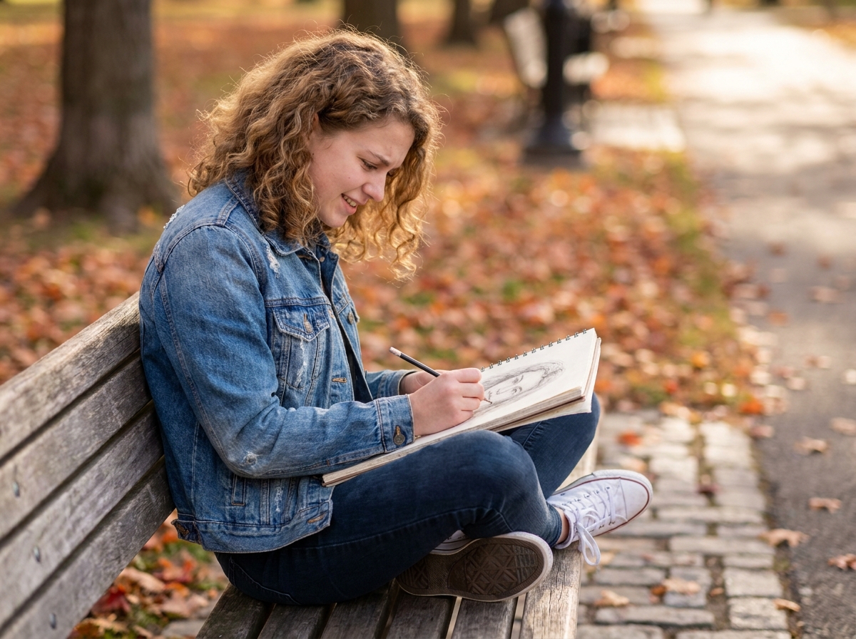 Adolescente dessinant des portraits au crayon dans un carnet de croquis sur un banc de parc en automne