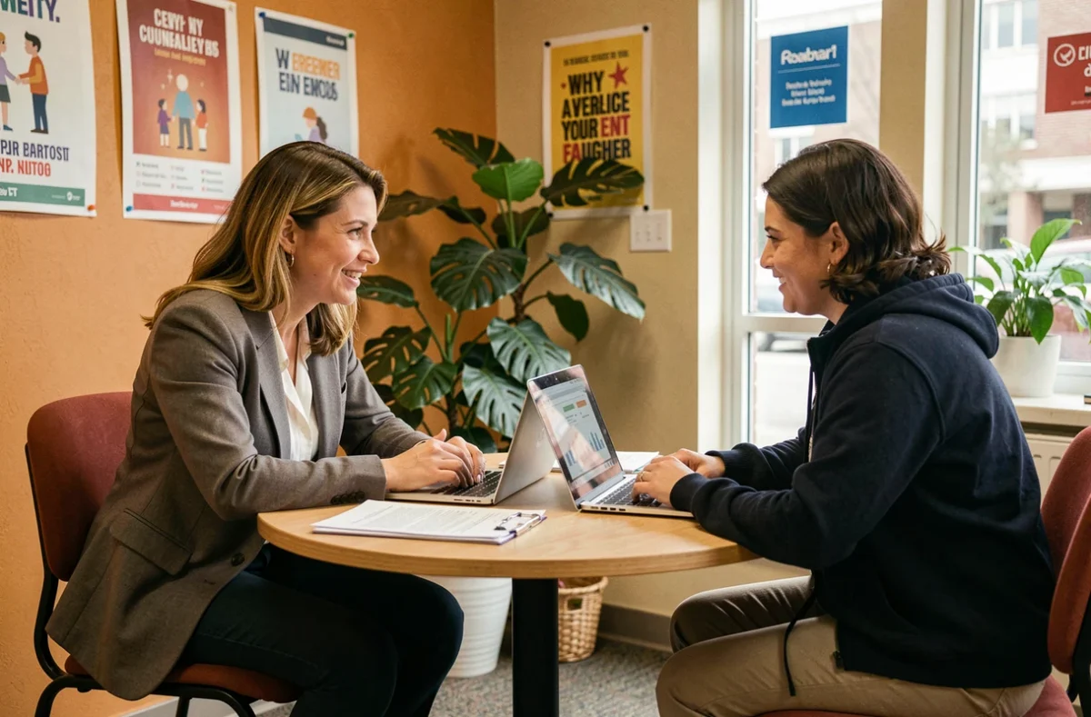 Conseillère en emploi accompagnant un chercheur d'emploi dans un bureau de l'AFEC