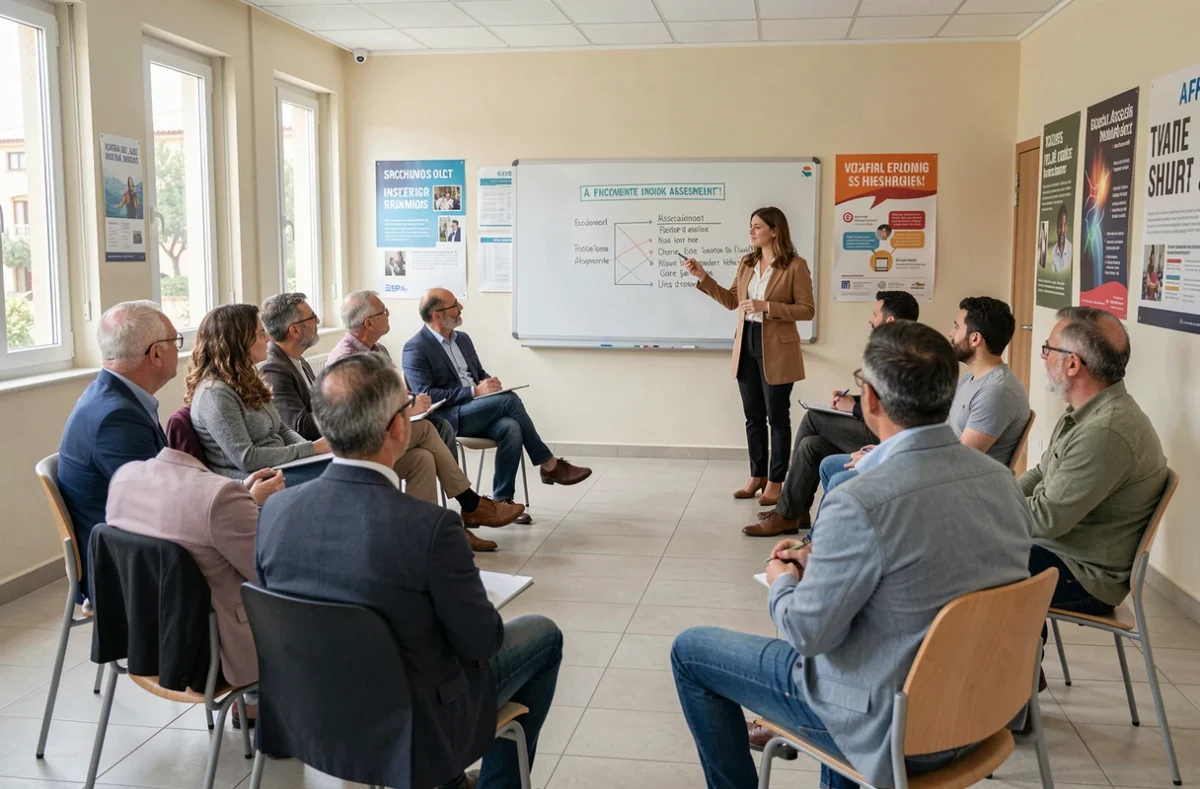 Groupe de stagiaires adultes en séance de formation professionnelle à l'agence AFPA de Nice