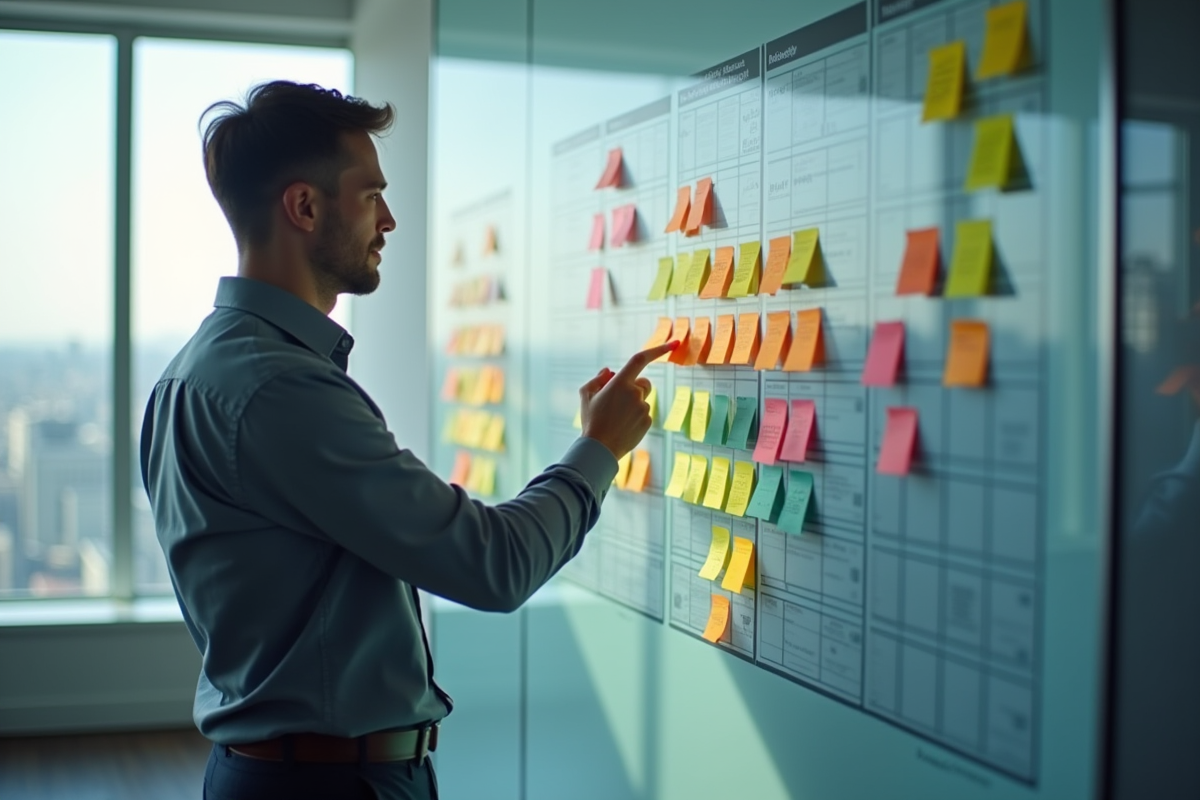 Professionnel analysant une matrice de portefeuille colorée en bureau lumineux