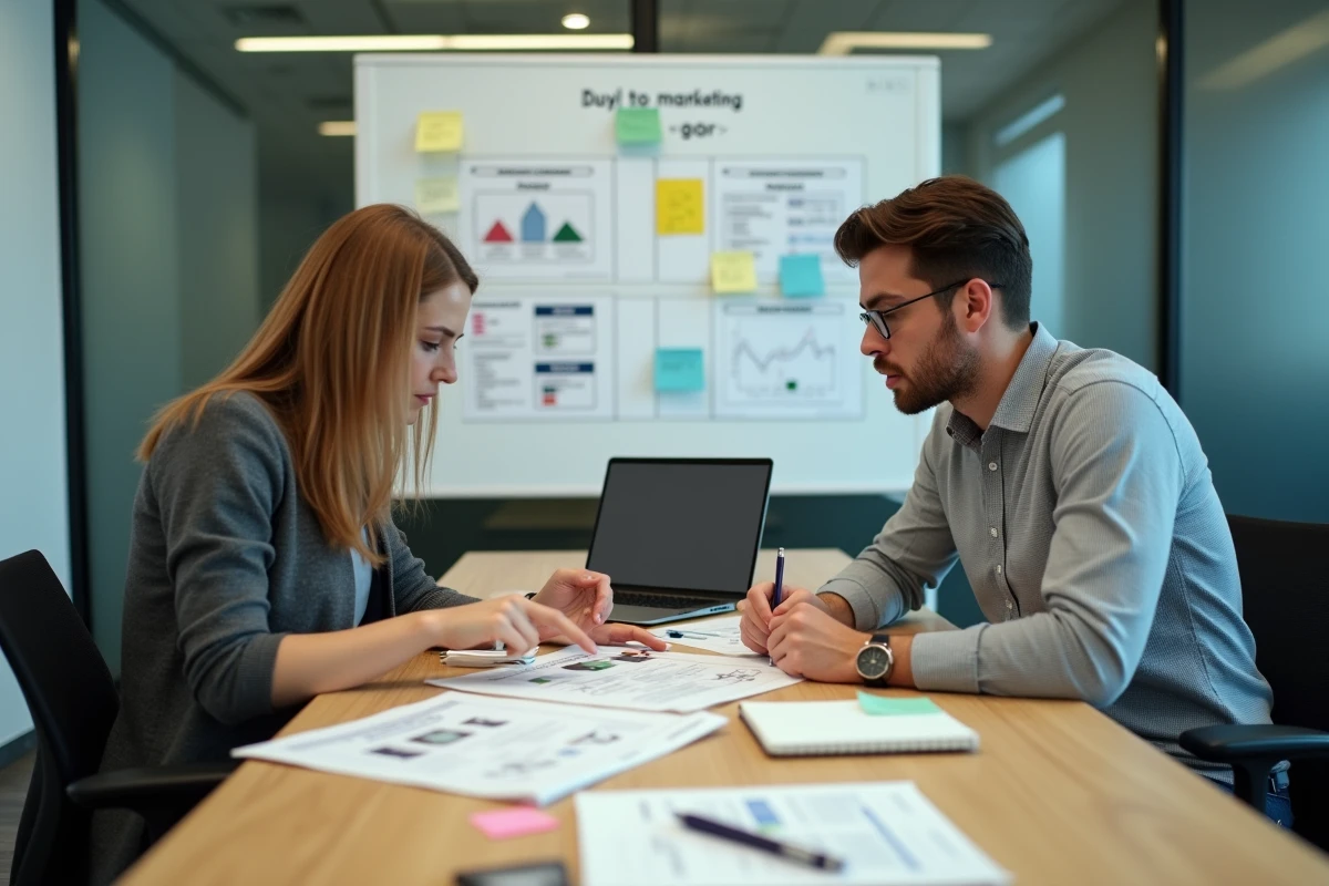 Deux professionnels du marketing analysant ensemble des rapports de campagne email annotés lors d'une réunion, identifiant les erreurs courantes d'abonnement email