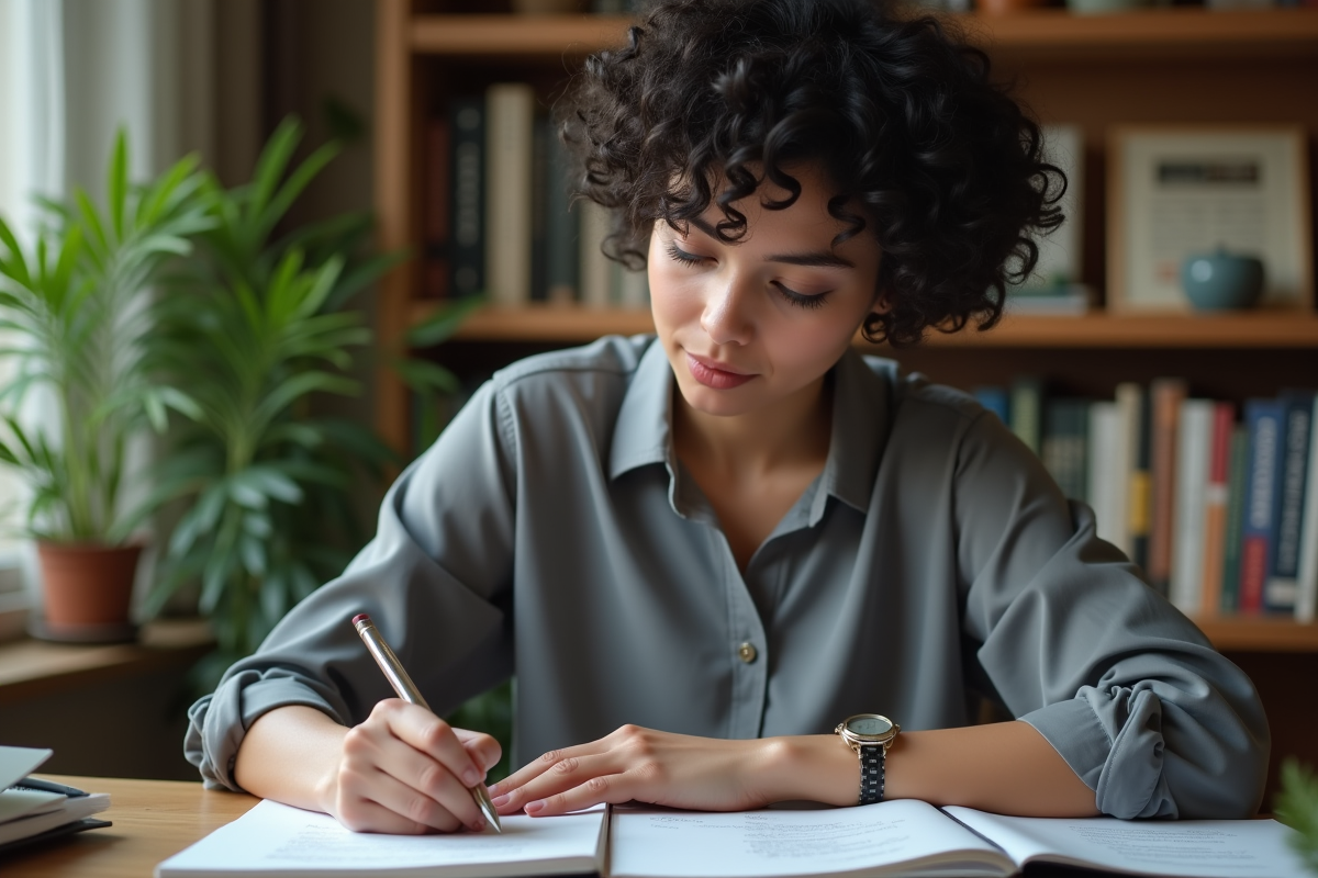 Jeune analyste financier prenant des notes dans un bureau cosy