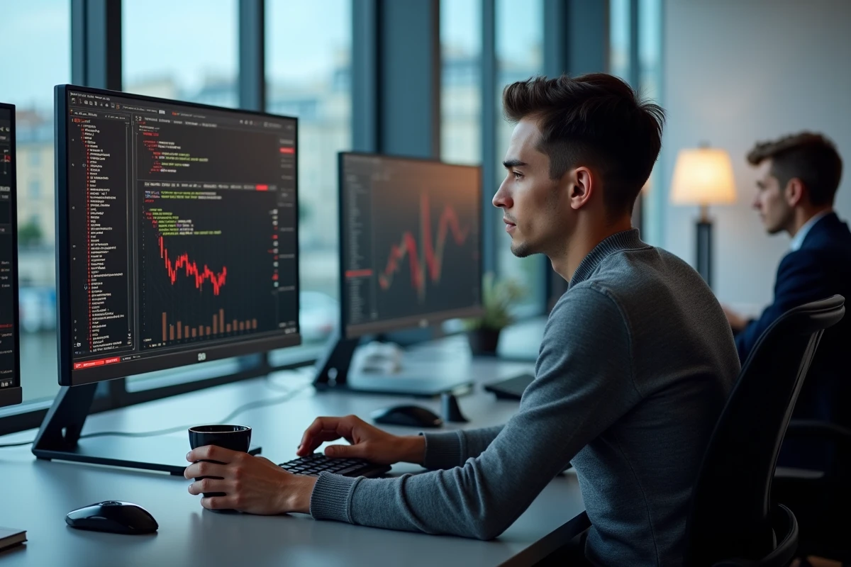 Analyste quantitatif travaillant sur des modèles de pricing d'options devant plusieurs écrans dans une salle de marchés parisienne