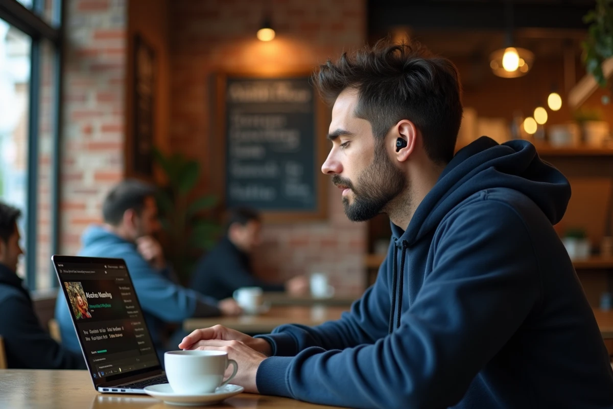 Homme écoutant de la musique arabe sur son ordinateur dans un café pour apprendre la langue