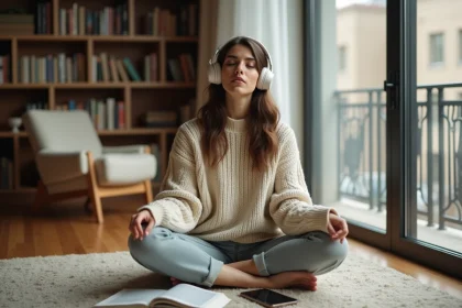 Jeune femme apprenant l'arabe avec un casque audio en écoutant un podcast dans un appartement chaleureux
