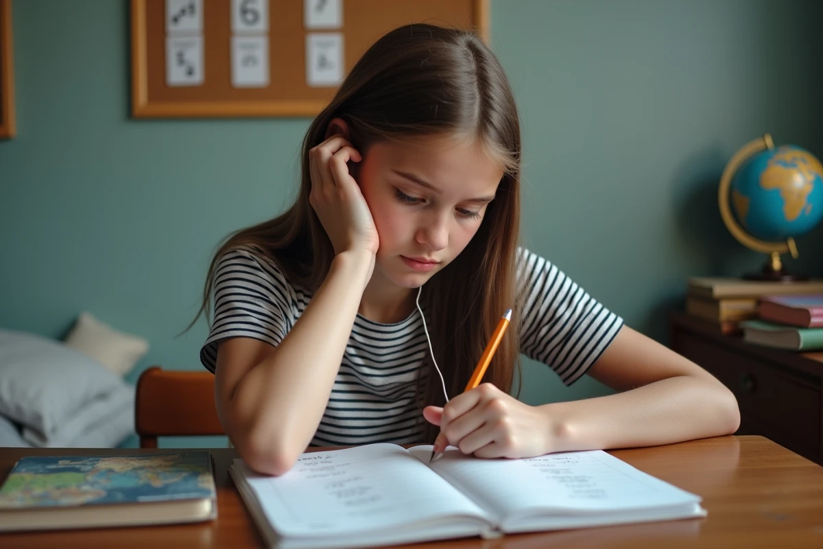 Adolescente pratiquant la répétition active en arabe avec des écouteurs et un cahier de vocabulaire dans sa chambre