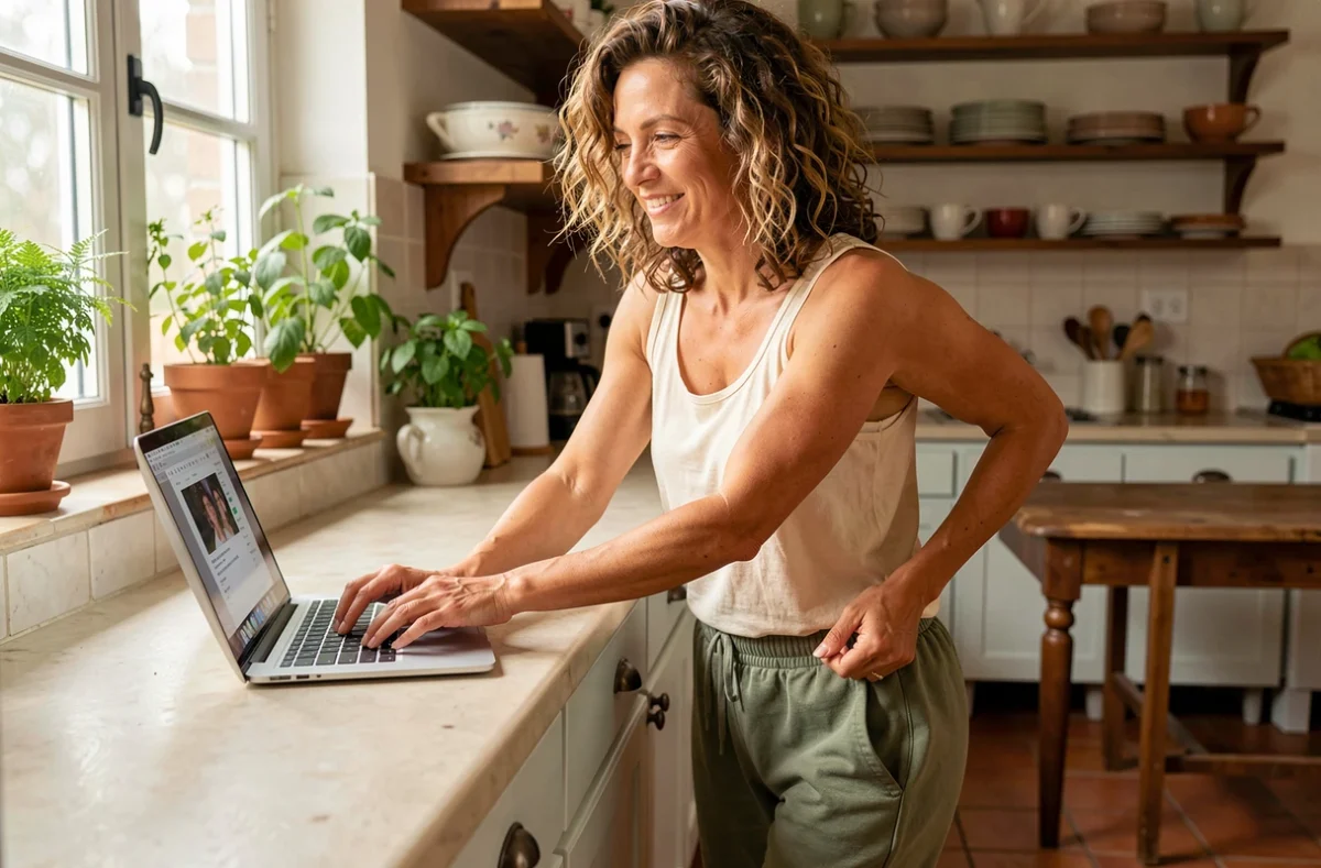 Femme d'âge mûr apprenant une chorégraphie seule en suivant un tutoriel sur ordinateur dans sa cuisine