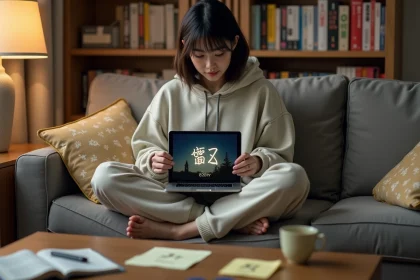 Jeune femme apprenant le japonais sur tablette entourée de mangas et d'un épisode d'animé en pause