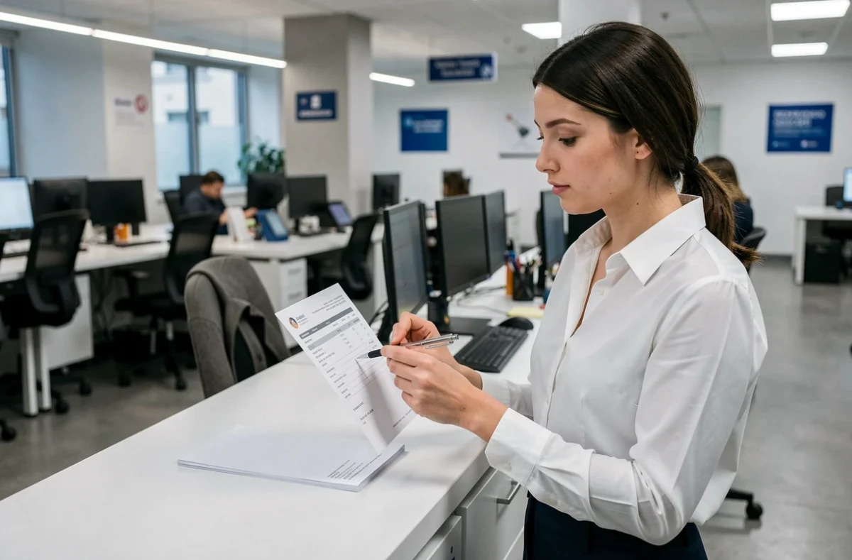 Jeune apprentie en entreprise analysant sa fiche de paie dans un open-space professionnel pendant son BTS en alternance