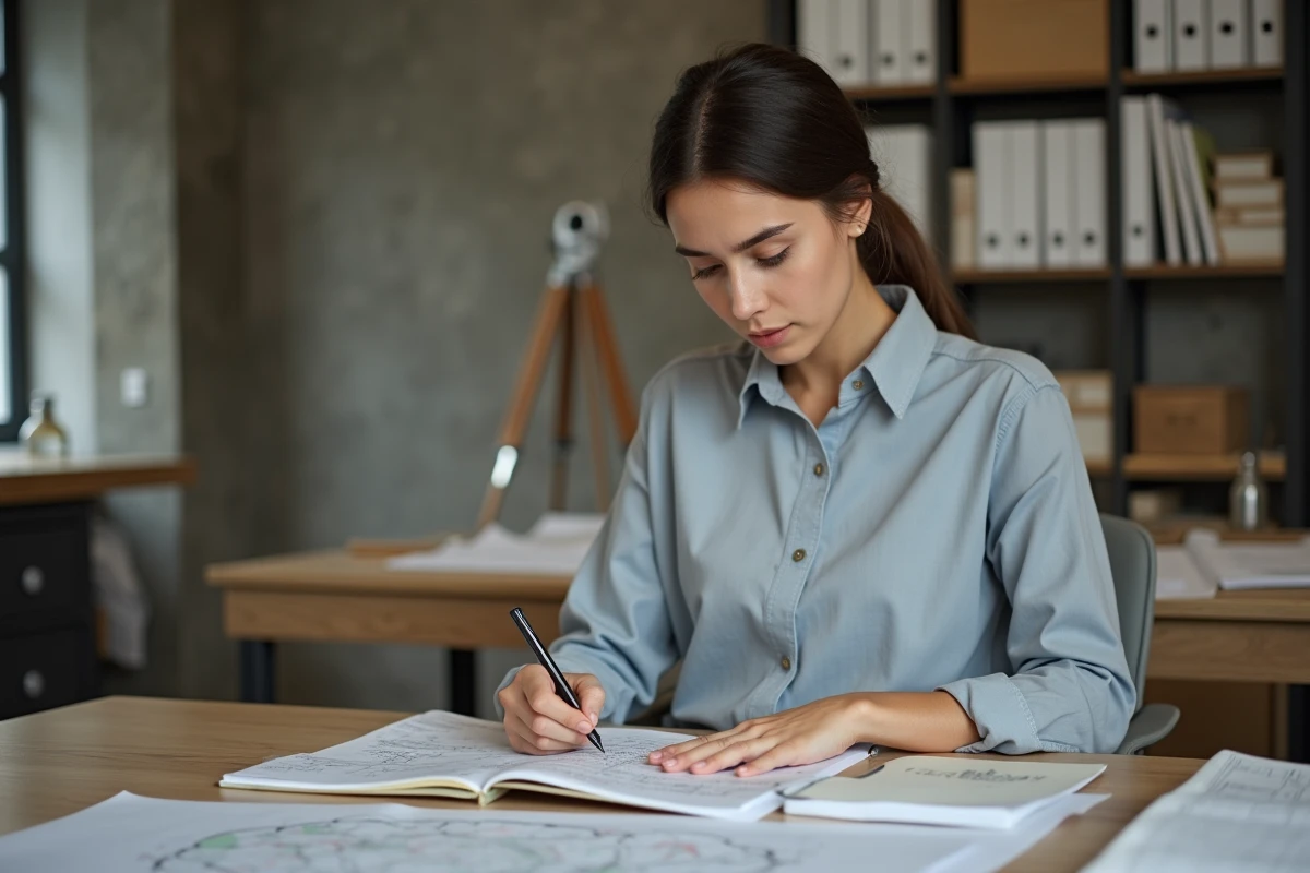 Jeune apprentie géomètre travaillant dans un bureau moderne
