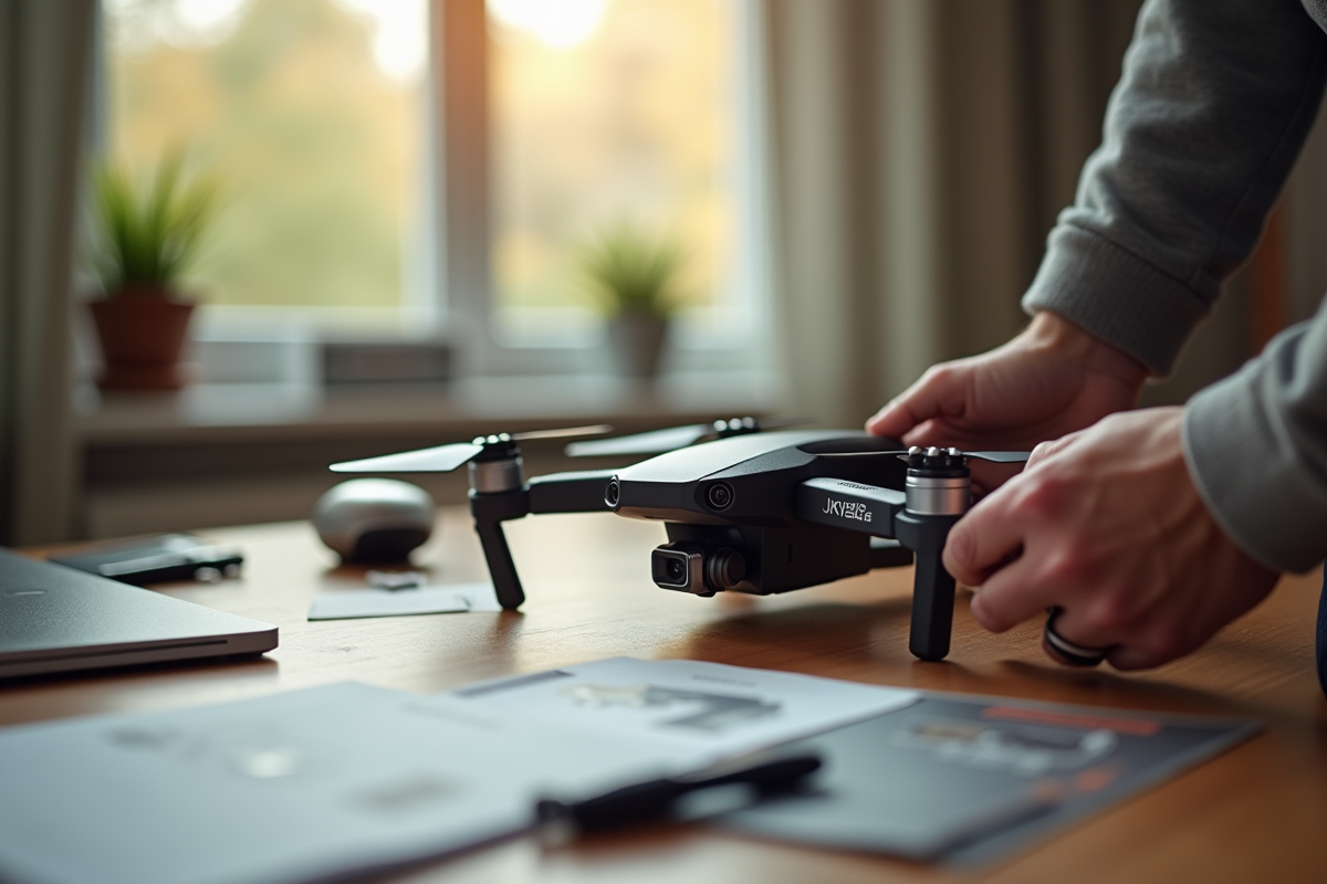Personnes assemblant un drone avec manuel et outils