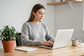 Assistante digitale travaillant sur son ordinateur portable dans un bureau à domicile moderne et organisé