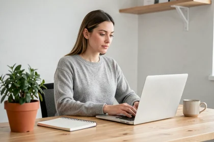Assistante digitale travaillant sur son ordinateur portable dans un bureau à domicile moderne et organisé