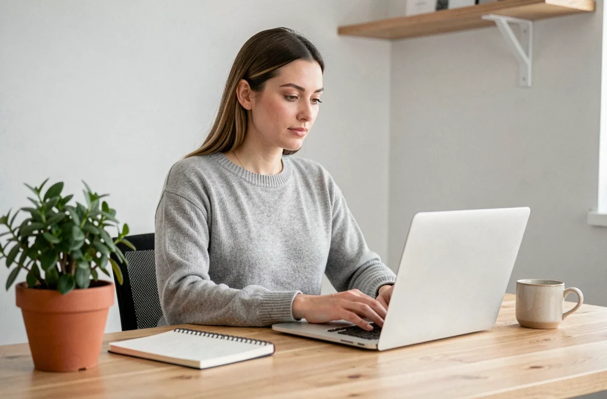 Assistante digitale travaillant sur son ordinateur portable dans un bureau à domicile moderne et organisé
