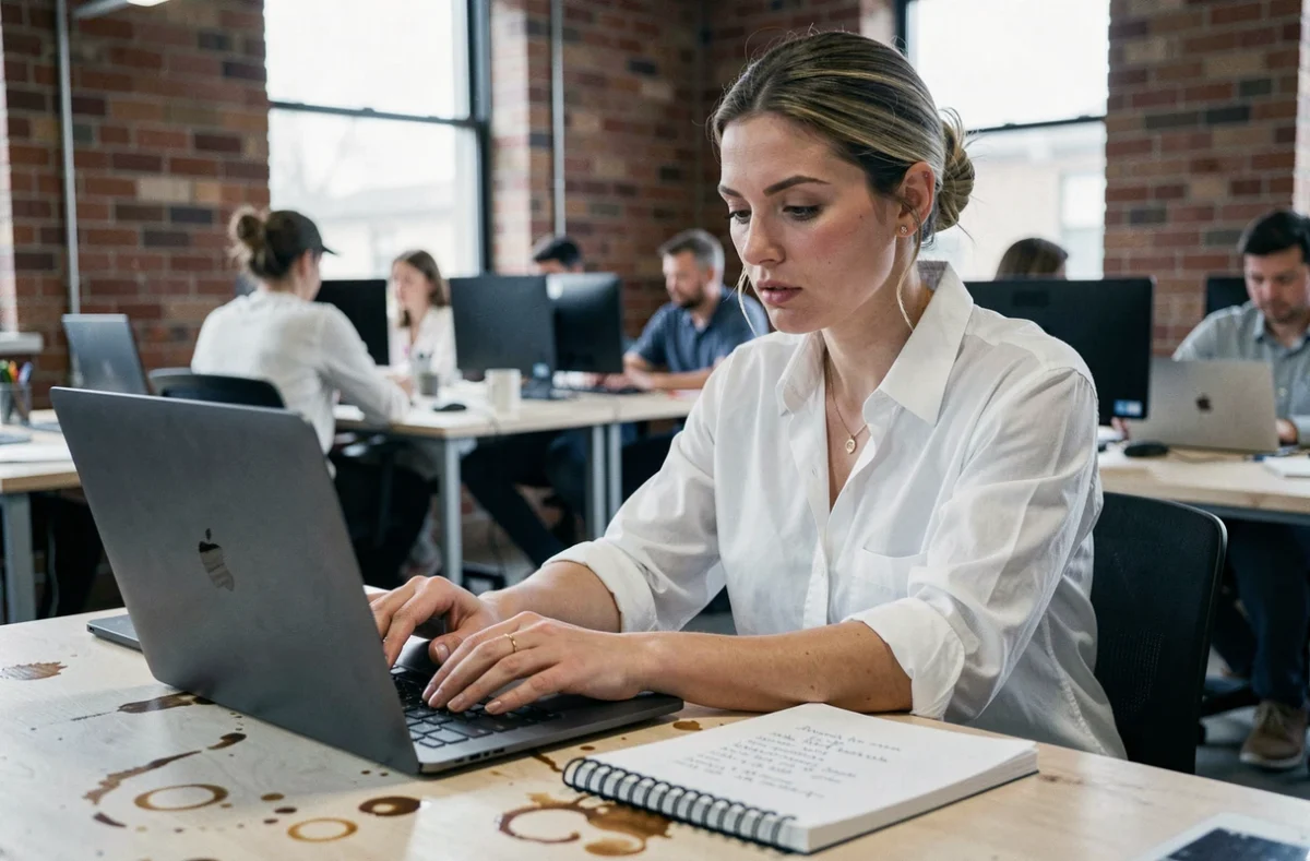 Freelance assistante digitale prenant des notes dans un espace de coworking urbain avec d'autres télétravailleurs en arrière-plan