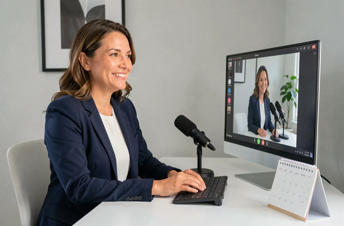 Assistante virtuelle en visioconférence avec un client souriant devant un bureau minimaliste et professionnel