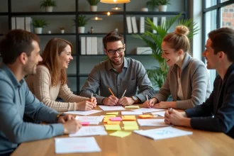 Groupe diversifié en atelier créatif avec notes colorées