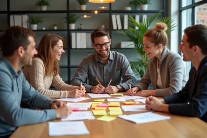 Groupe diversifié en atelier créatif avec notes colorées
