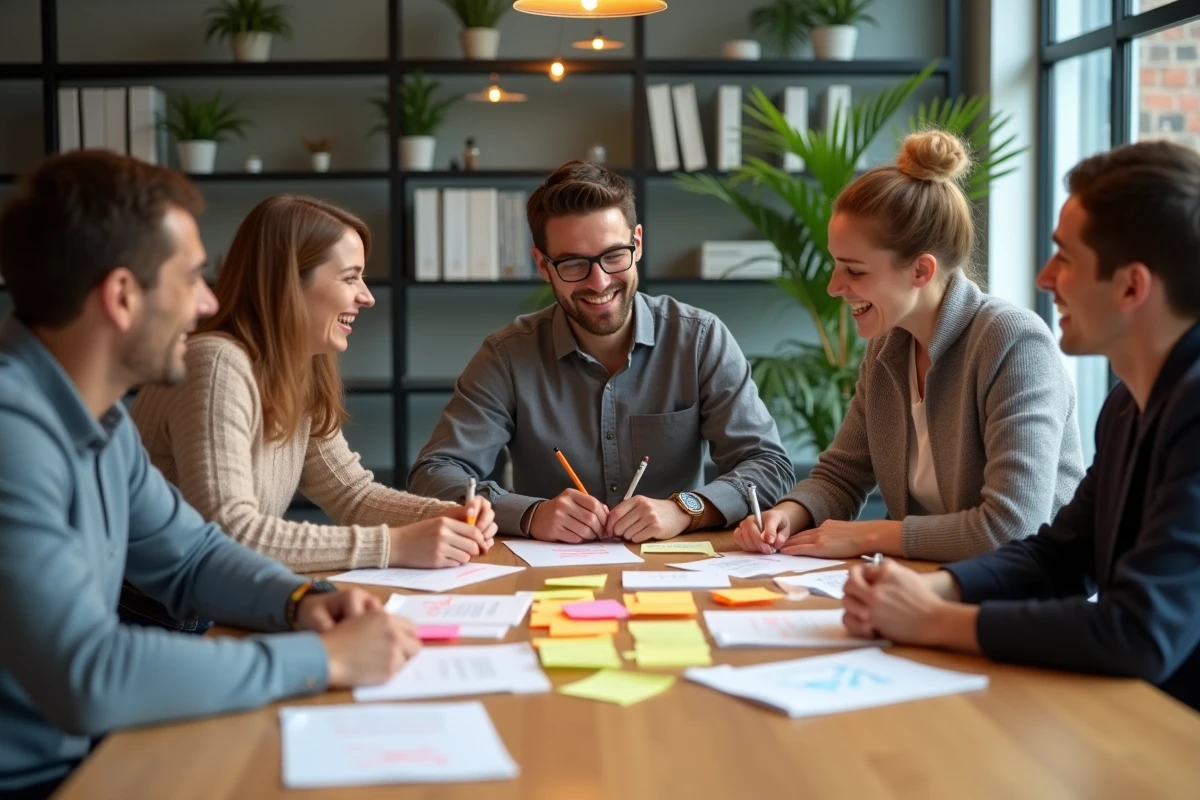 Groupe diversifié en atelier créatif avec notes colorées