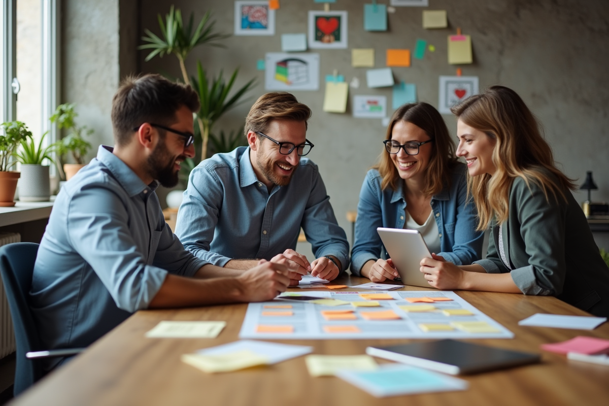 Groupe de collègues en brainstorming dans un studio créatif