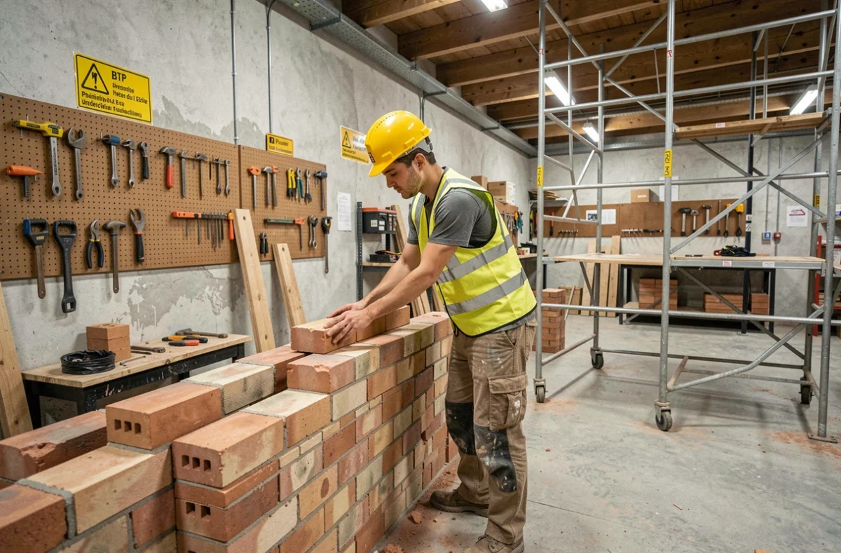 Apprenti du BTP CFA Picardie apprenant la maçonnerie dans un atelier de formation aux métiers du bâtiment