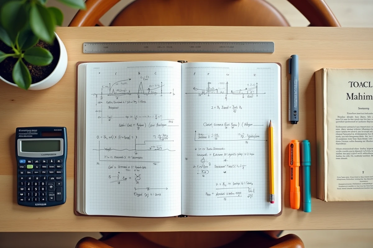 Vue aérienne d'un bureau avec cahier de prépa graphique ouvert sur des démonstrations mathématiques, calculatrice Casio et manuels de maths sup