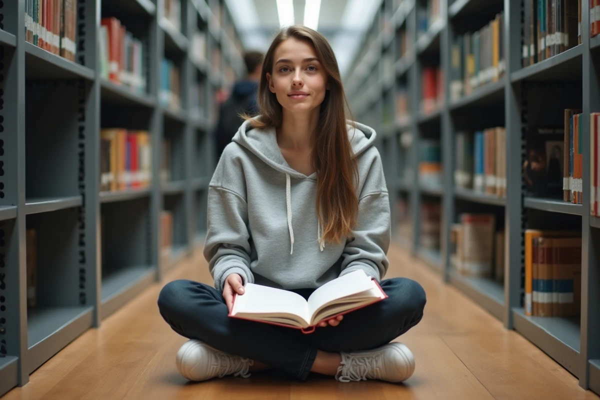 Étudiante en maths spé assise dans une bibliothèque de classe préparatoire avec son cahier de prépa et des manuels d'analyse mathématique