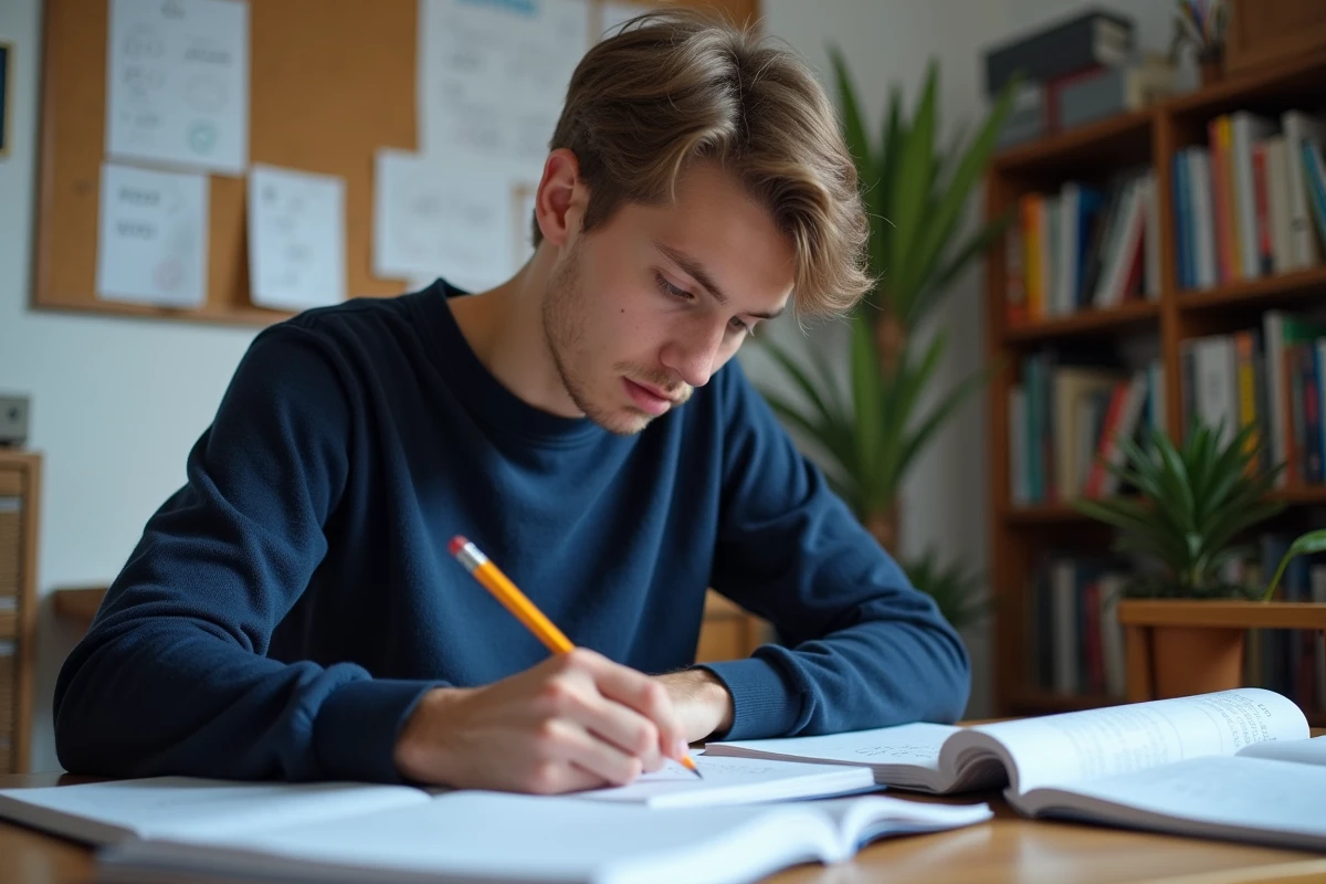 Étudiant en classe préparatoire écrivant dans son cahier de maths sup sur un bureau en bois encombré de manuels et de feuilles de formules