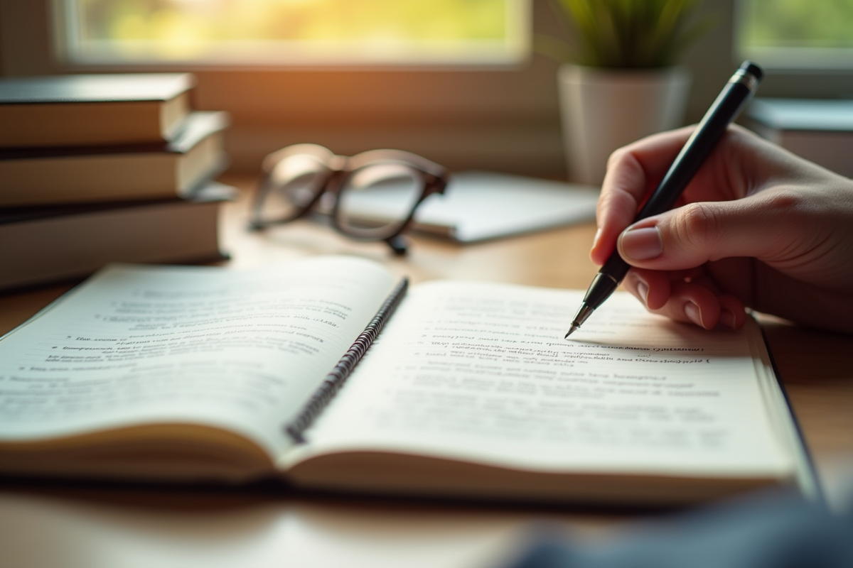 Cahier ouvert avec structure argumentative écrite et main