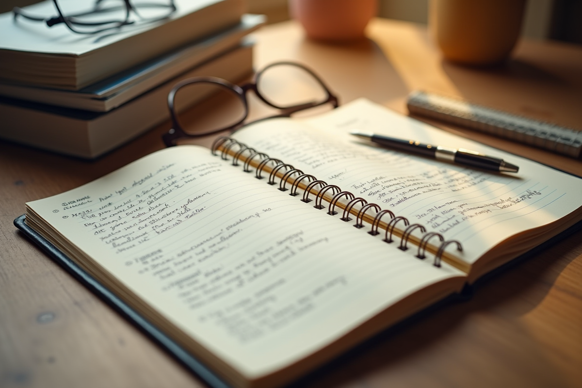 Carnet ouvert avec notes et lunettes sur un bureau en bois