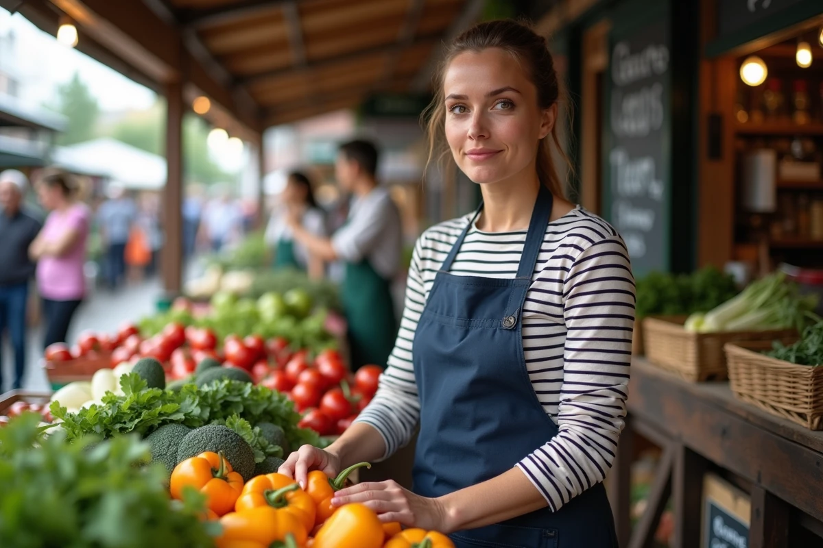 Femme travaillant sans expérience préalable sur un stand de marché, construisant une carrière dans le commerce de proximité