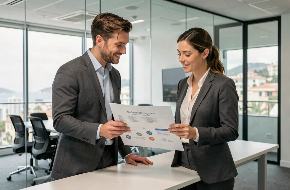 Deux professionnels en formation orientée entreprise dans les locaux de la CCI Nice Côte d'Azur