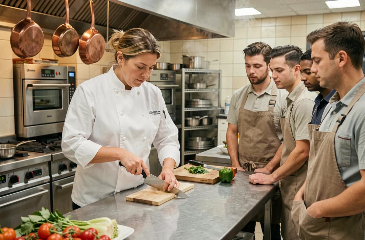 Cheffe cuisinière formant des adultes aux techniques culinaires dans une cuisine professionnelle à Toulouse