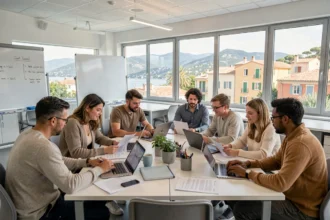 Groupe d'adultes en formation dans un centre moderne des Alpes-Maritimes avec vue sur la région méditerranéenne