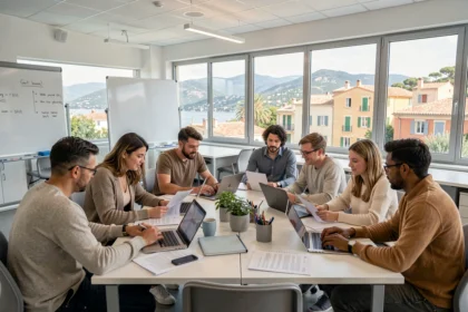 Groupe d'adultes en formation dans un centre moderne des Alpes-Maritimes avec vue sur la région méditerranéenne