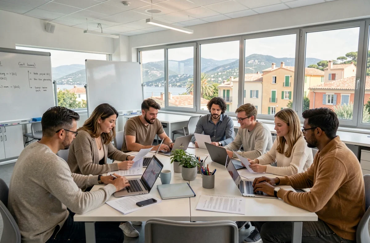 Groupe d'adultes en formation dans un centre moderne des Alpes-Maritimes avec vue sur la région méditerranéenne