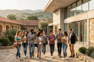 Étudiants adultes sur un campus de formation professionnelle en Occitanie, mêlant architecture moderne et paysage méditerranéen