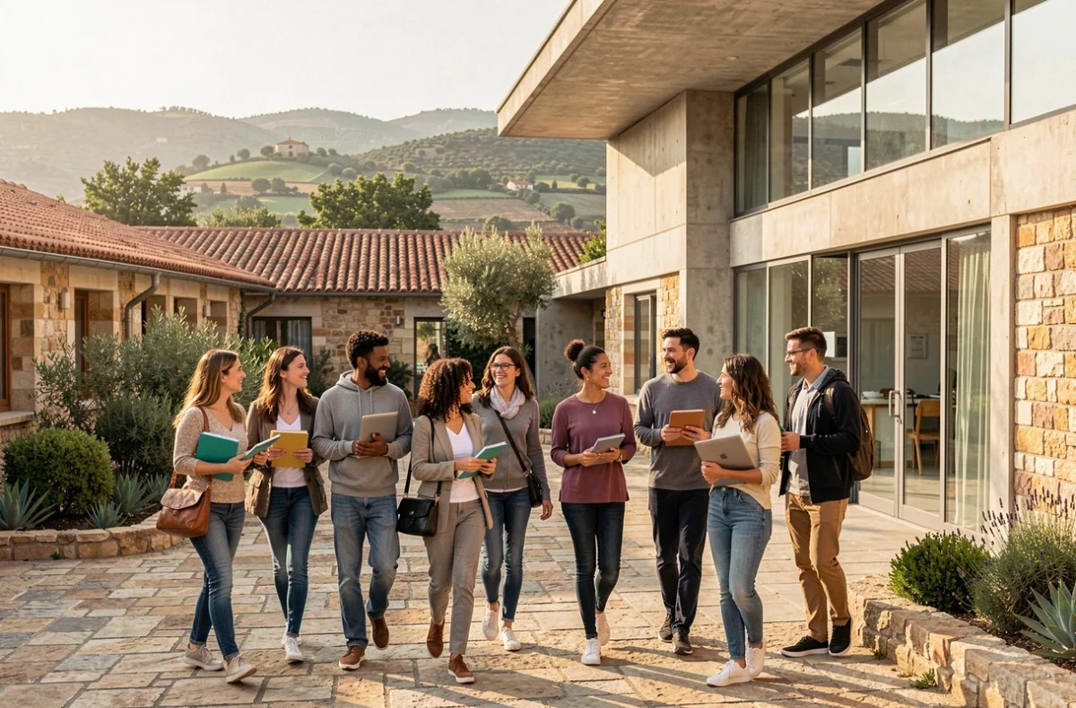 Étudiants adultes sur un campus de formation professionnelle en Occitanie, mêlant architecture moderne et paysage méditerranéen