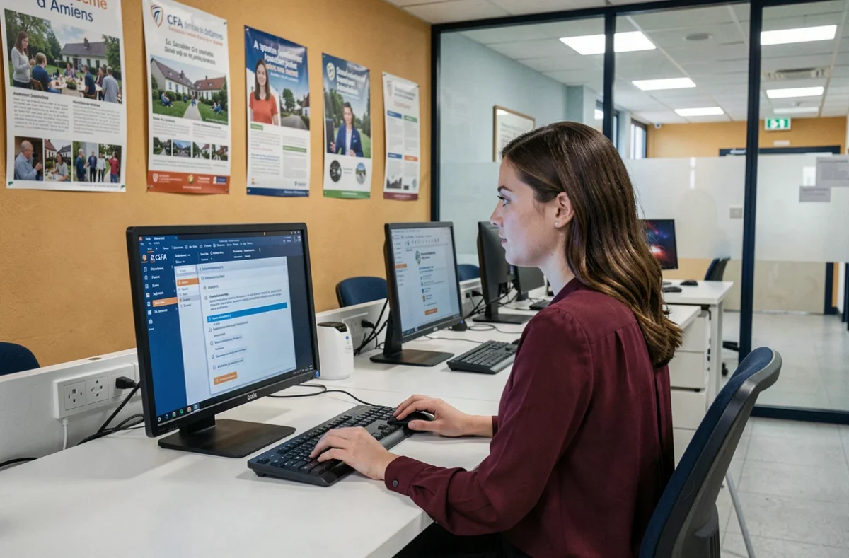 Étudiante en apprentissage au CF3A, CFA de l'académie d'Amiens, travaillant sur un logiciel pédagogique dans une salle informatique