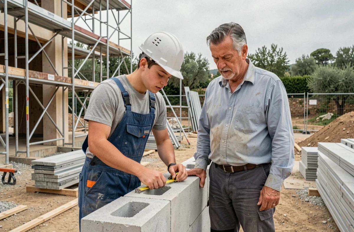Apprenti du BTP mesurant des matériaux sur un chantier école du CFA du Bâtiment des Alpes-Maritimes