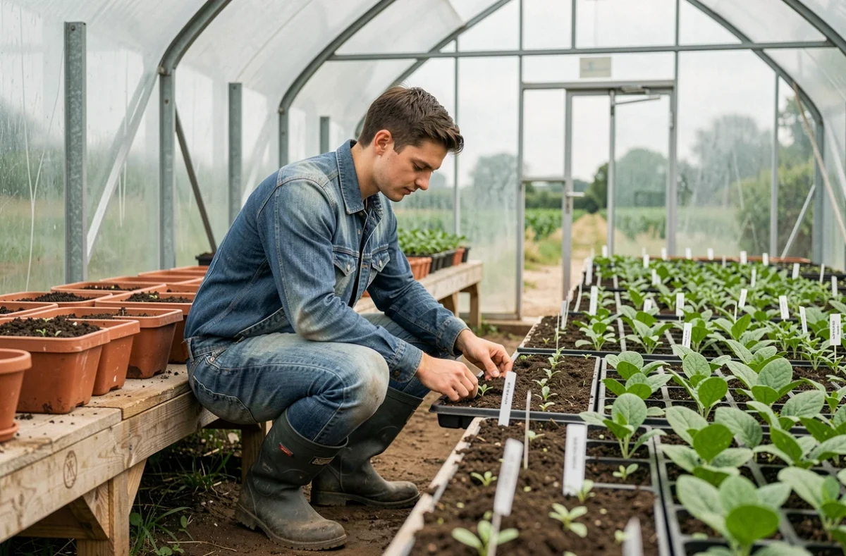 Apprenti en formation agricole au CFPPA Le Paraclet à Cottenchy, manipulant des semis dans une serre pédagogique