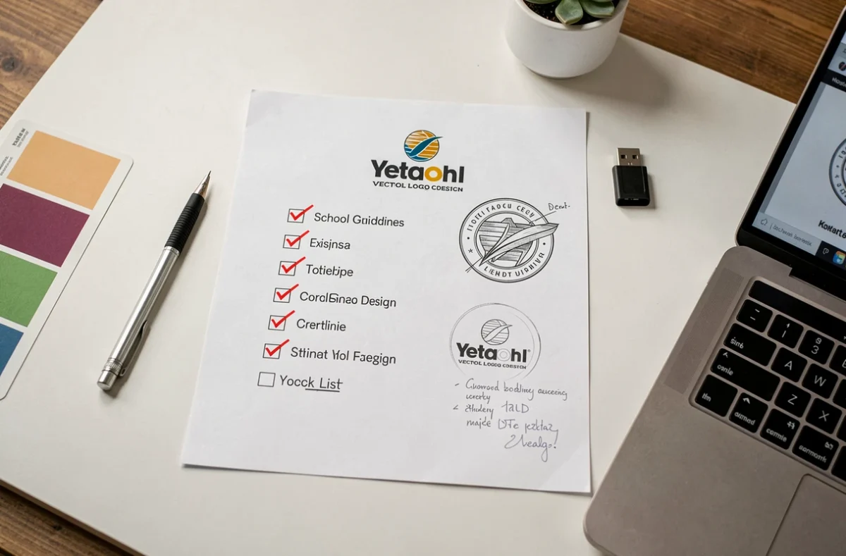 Check-list imprimée de validation de logo scolaire avec annotations stylo rouge sur bureau blanc