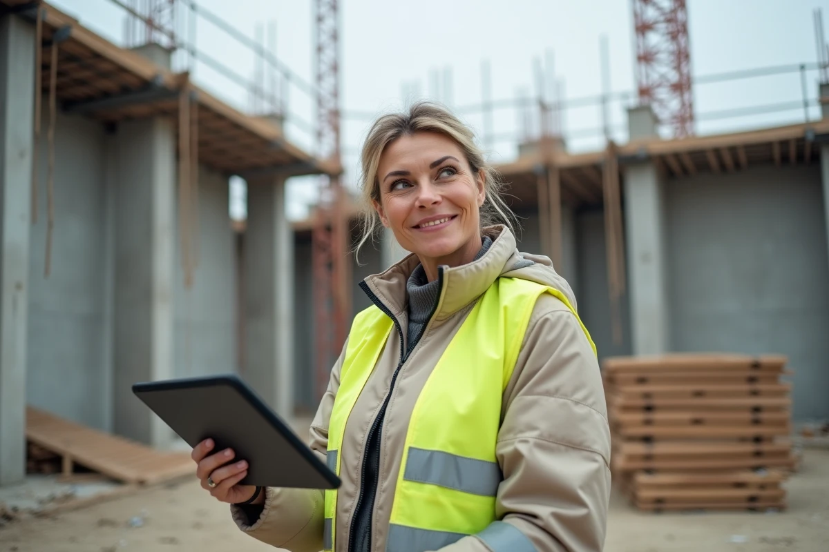 Cheffe de projet BTP sur chantier consultant un parcours de certification professionnelle CPF sur tablette numérique