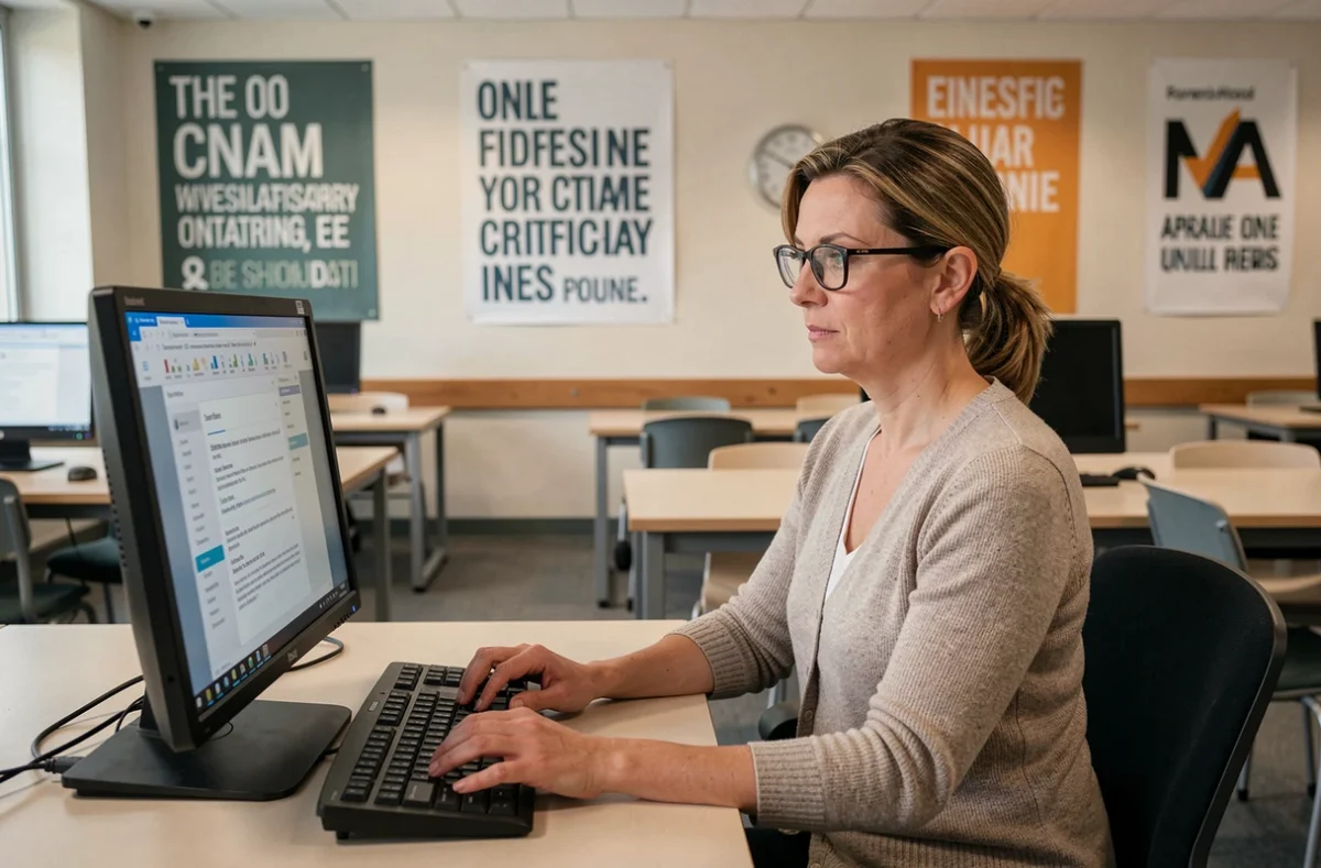 Femme adulte passant une certification professionnelle en ligne à l'antenne CNAM de Nice