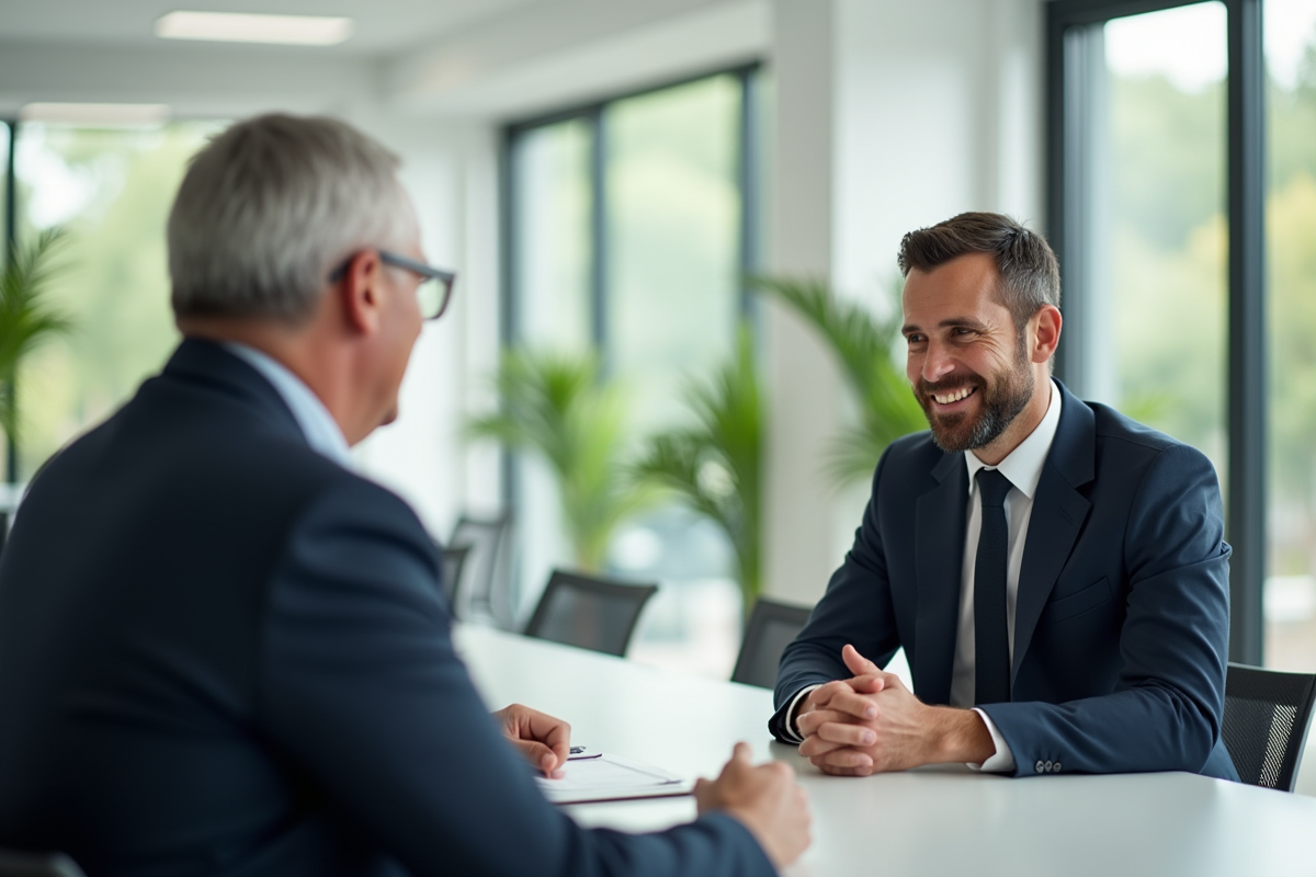 Coach et client souriants en discussion dans un bureau lumineux
