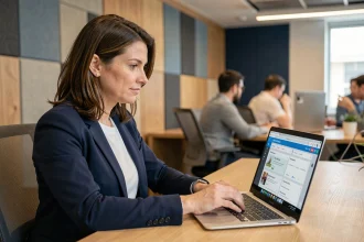 Collaboratrice utilisant une plateforme LMS moderne sur son ordinateur portable dans un bureau en open space