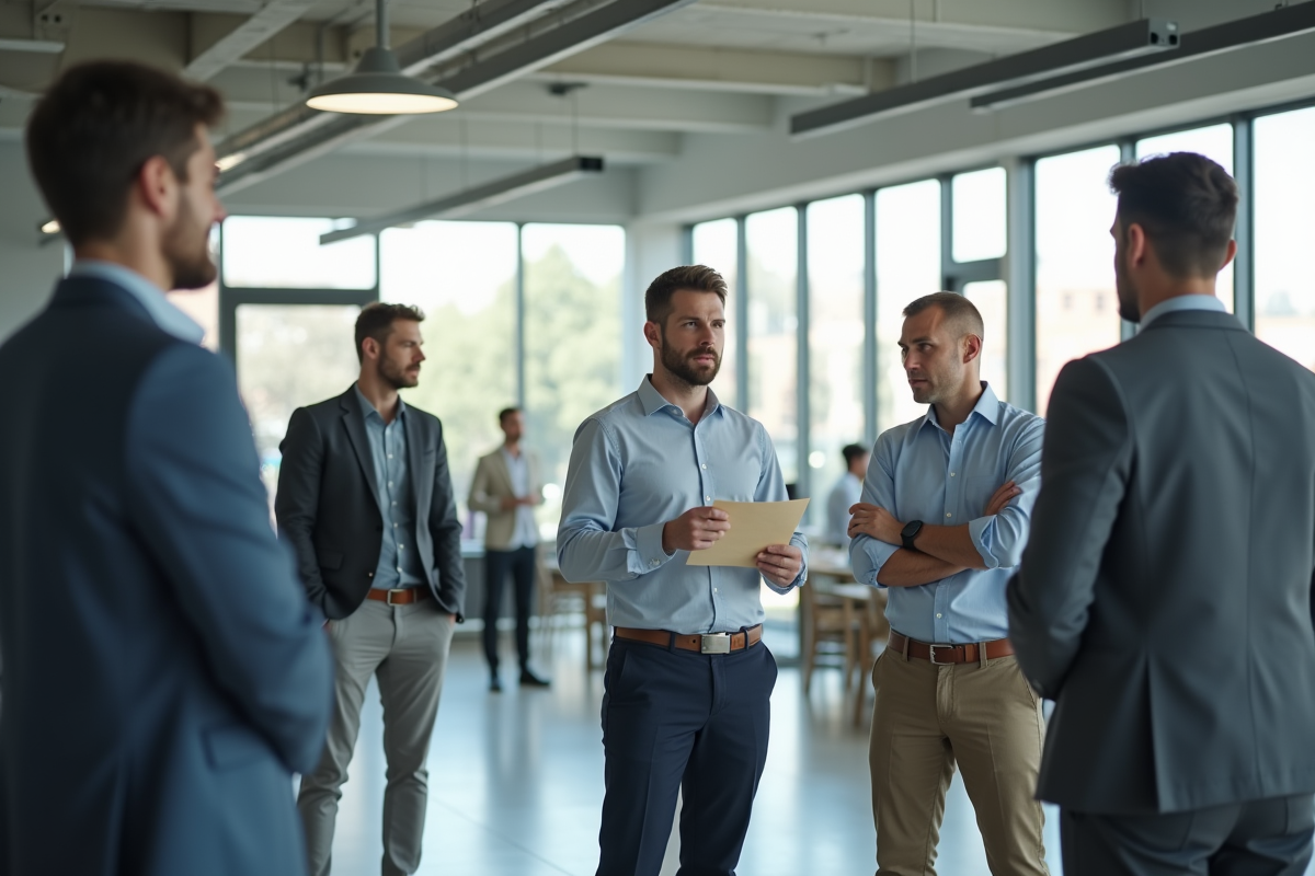 Groupe de collegues en discussion dans un espace de travail lumineux