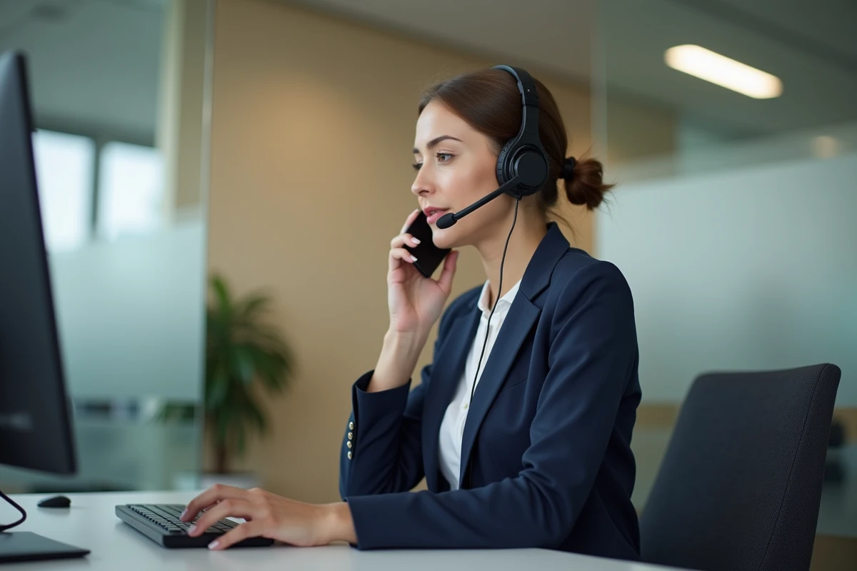 Professionnelle en réunion téléphonique portant un casque sans fil dans un bureau moderne, illustrant les bonnes pratiques de communication orale au téléphone